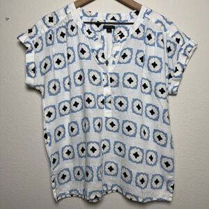 Ann Taylor Women 100% Linen Top XS Split Neck Tunic Paisley Cap Sleeve Coastal